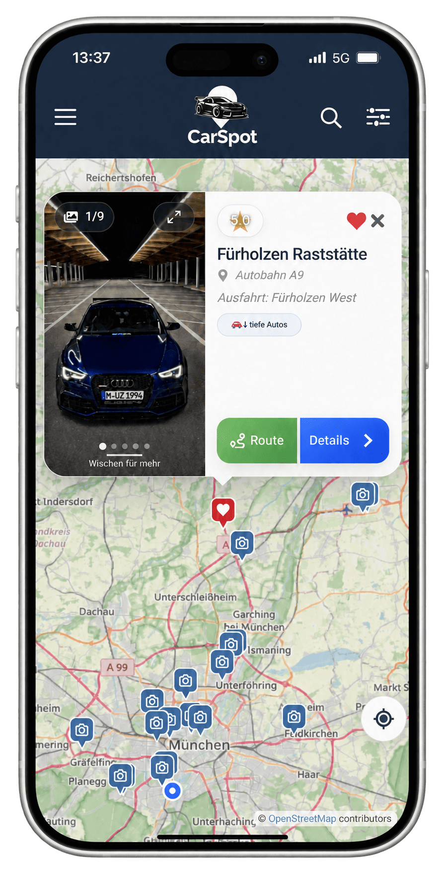 CarSpot App: Karte mit dem Foto-Spot Fürholzen, Bildern und direkter Routenplanung